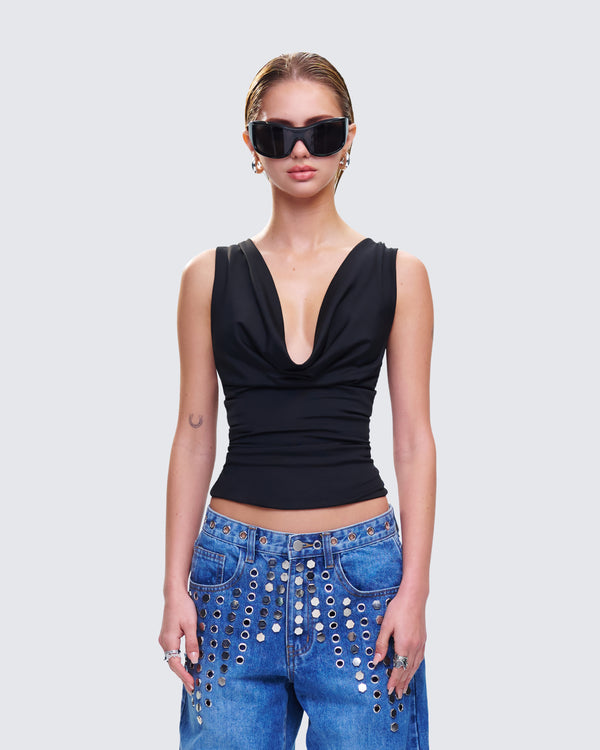 Finesse Mavi Black Chain Trim Cowl Top