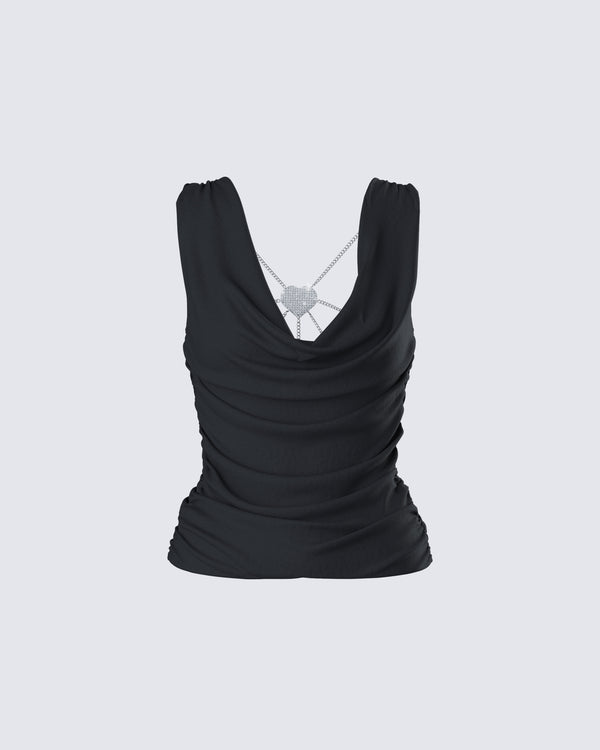 finesse Mavi Black Chain Trim Cowl Top