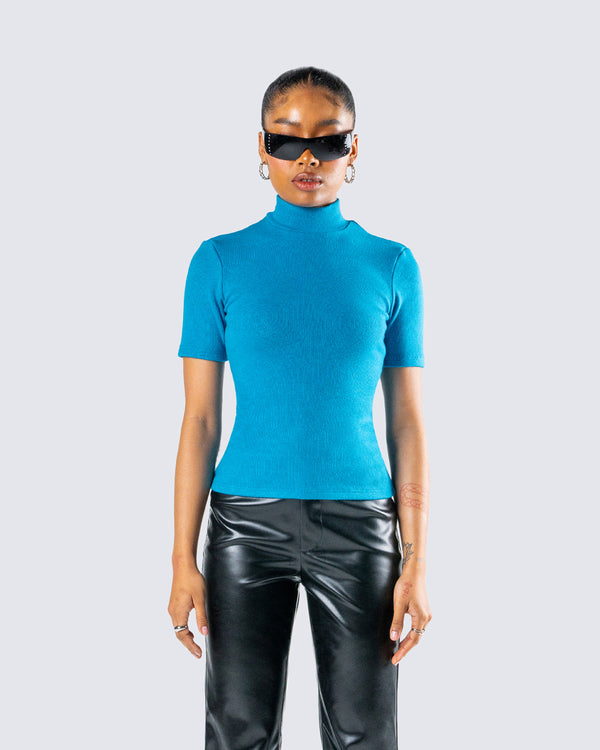 Finesse Maz Turquoise Rib Mock Neck Top