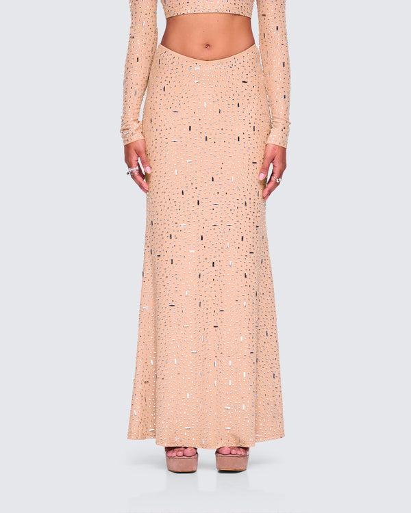 Finesse Maze Nude Rhinestone Maxi Skirt