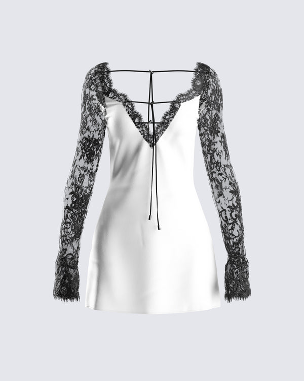 finesse Minnie White Satin Lace Trim Dress