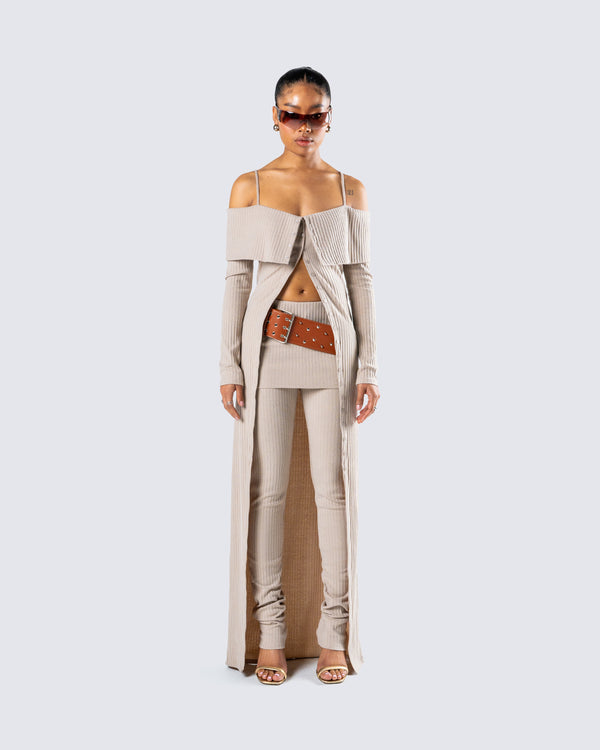 Finesse Myka Beige Rib Long Cardigan