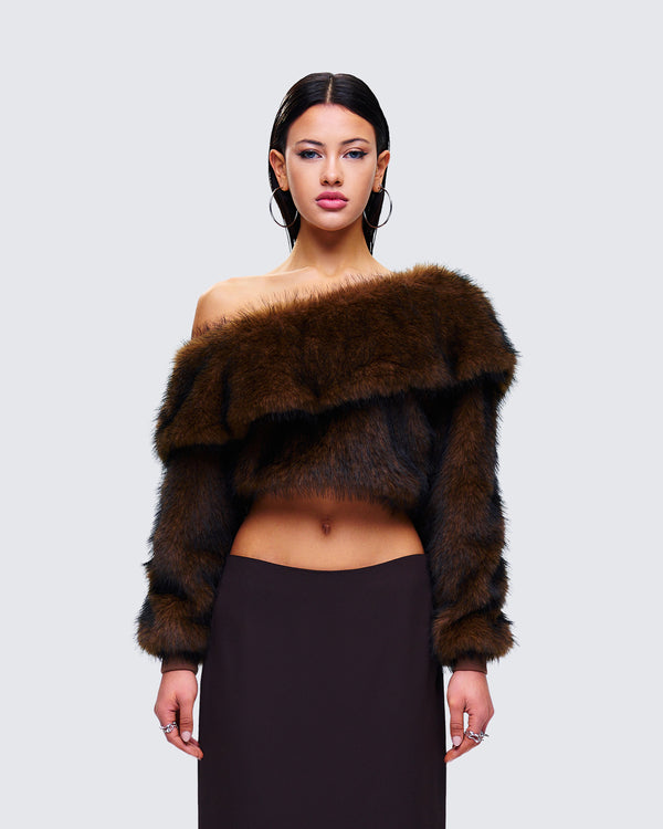 Finesse Nadi Brown Faux Fur Off Shoulder Top