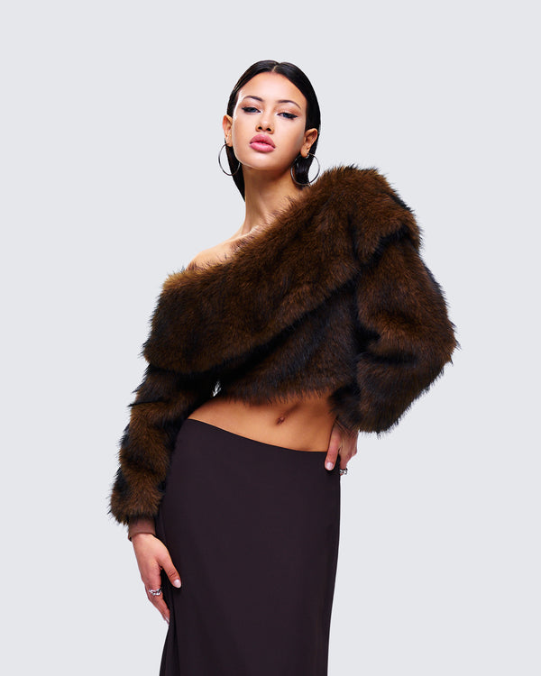 Finesse Nadi Brown Faux Fur Off Shoulder Top
