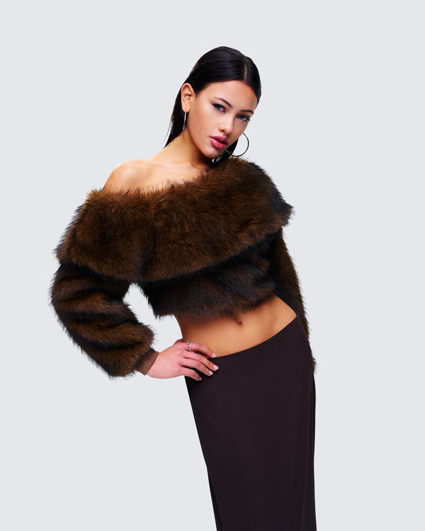 Finesse Nadi Brown Faux Fur Off Shoulder Top