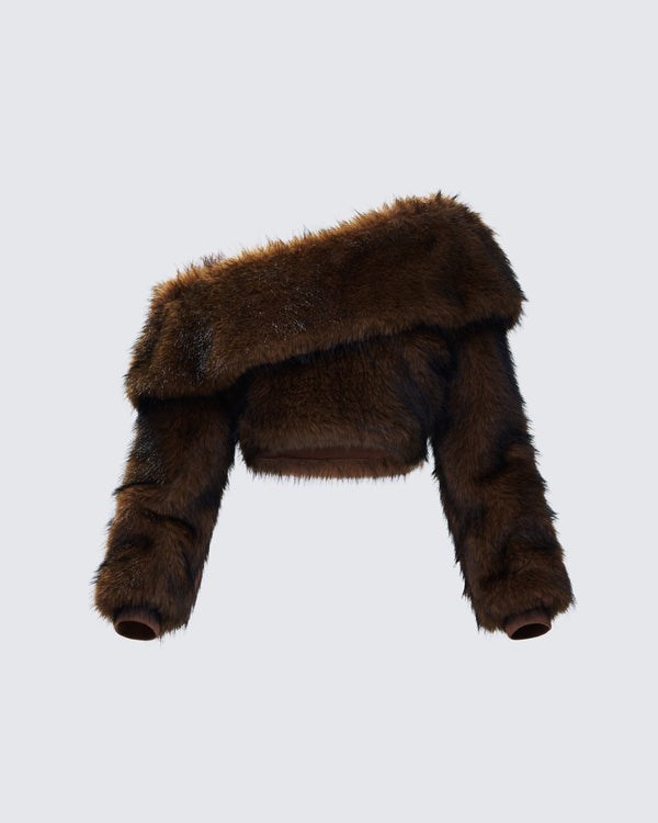 finesse Nadi Brown Faux Fur Off Shoulder Top