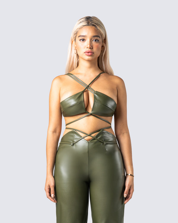 Finesse Nadir Olive Vegan Leather Tie Top