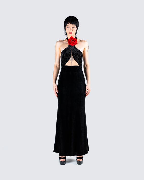 Finesse Nala Black Rhinestone Velvet Gown