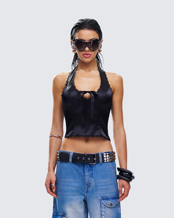 Finesse Nalini Black Halter Lace Trim Top