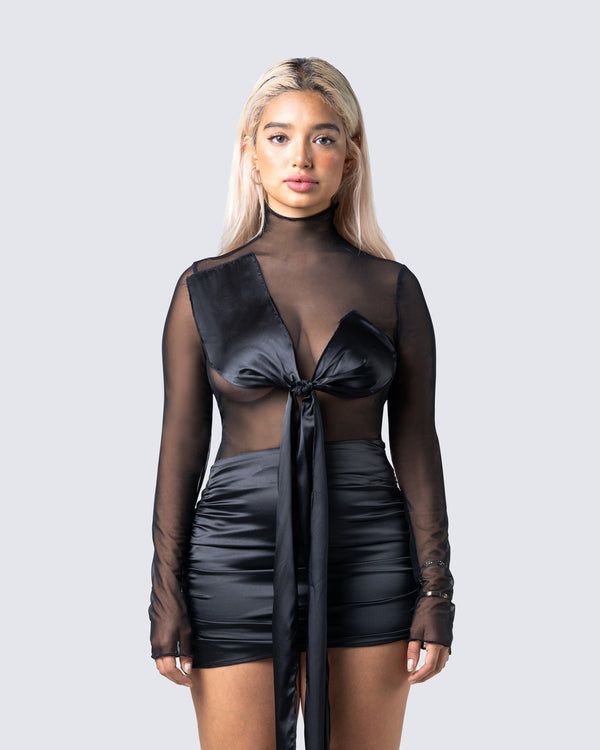 Finesse Narda Black Satin Bow Top