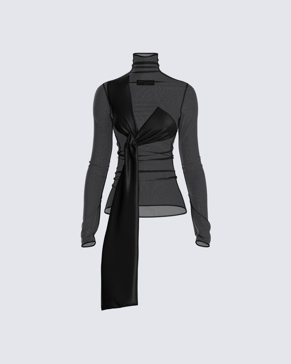 finesse Narda Black Satin Bow Top