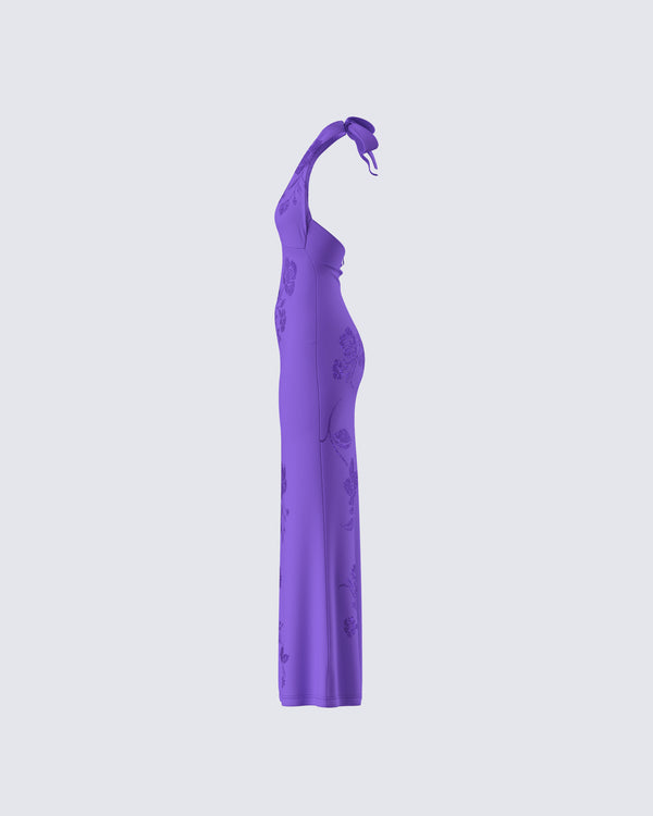 Finesse Nari Purple Rhinestone Plunge Maxi Dress