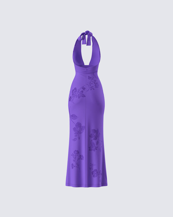 Finesse Nari Purple Rhinestone Plunge Maxi Dress