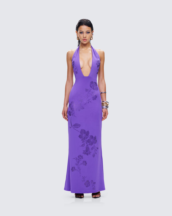 Finesse Nari Purple Rhinestone Plunge Maxi Dress