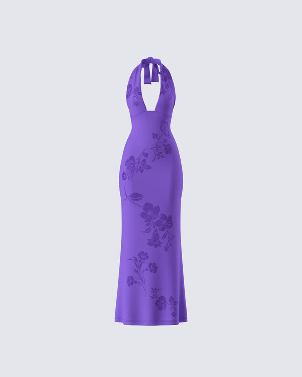 finesse Nari Purple Rhinestone Plunge Maxi Dress