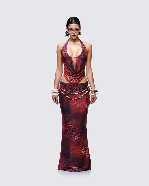 Finesse Neeve Brown Mesh Bead Trim Maxi Dress