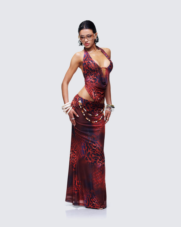 Finesse Neeve Brown Mesh Bead Trim Maxi Dress