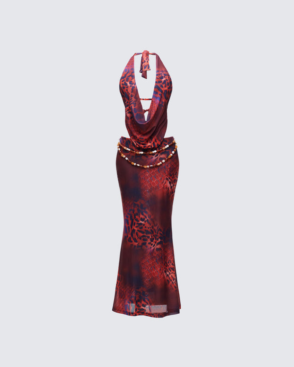 finesse Neeve Brown Mesh Bead Trim Maxi Dress