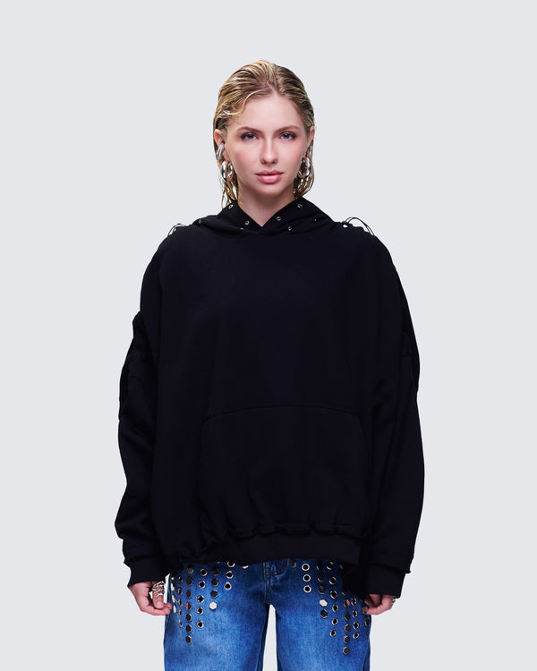Finesse Nerea Black Eyelet Trimmed Toggled Hoodie
