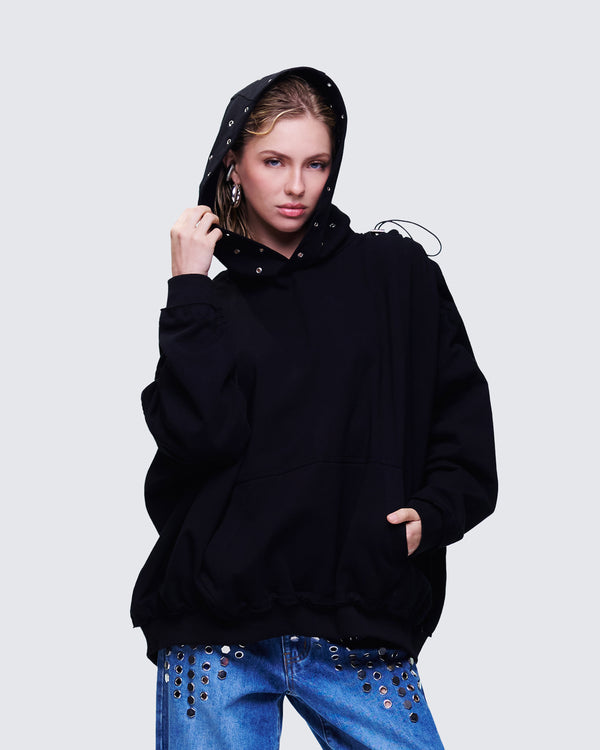 Finesse Nerea Black Eyelet Trimmed Toggled Hoodie