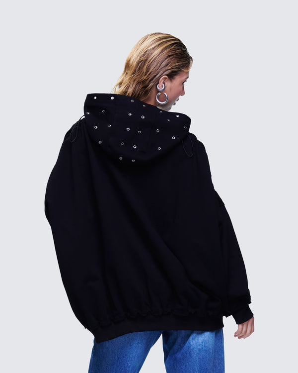 Finesse Nerea Black Eyelet Trimmed Toggled Hoodie