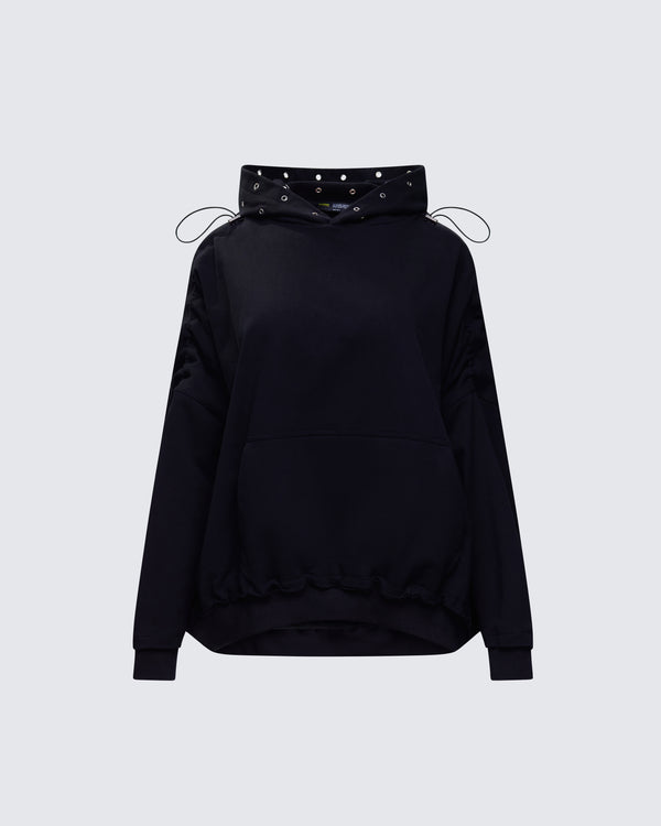 finesse Nerea Black Eyelet Trimmed Toggled Hoodie