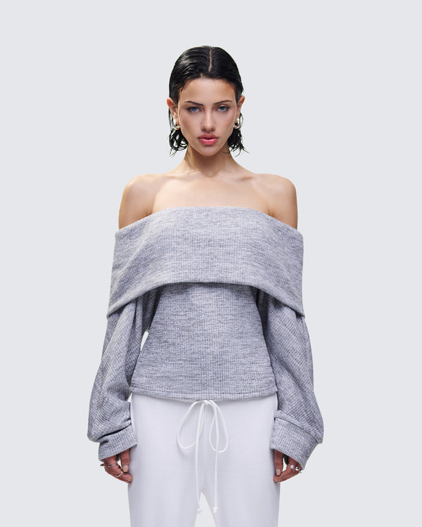 Finesse Nesa Grey Off Shoulder Sweater Top
