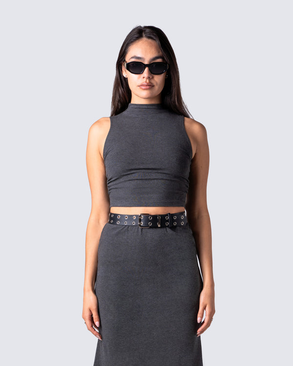 Finesse Nico Grey Jersey Mock Neck Top