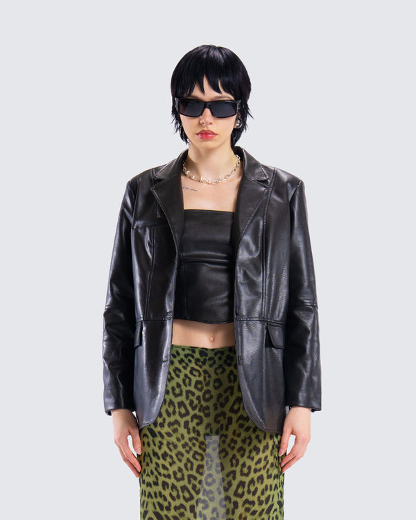 Finesse Nika Black Vegan Leather Blazer