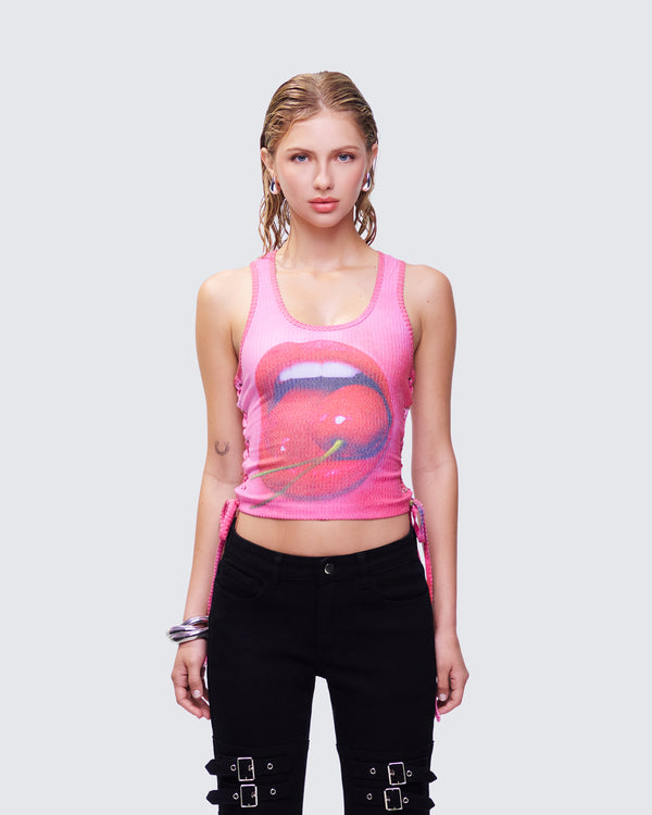 Finesse Nixie Pink Lace Up Graphic Tank