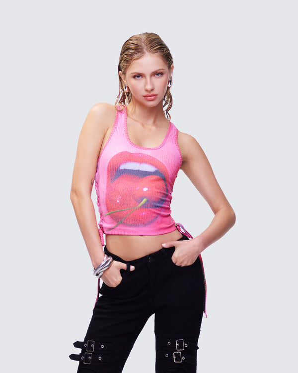 Finesse Nixie Pink Lace Up Graphic Tank