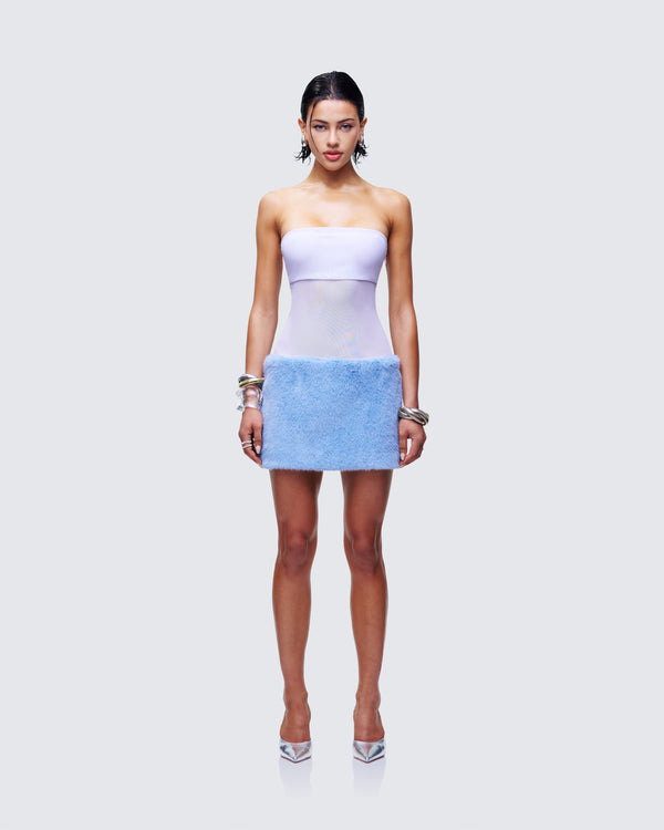 Finesse Noelle Blue Faux Fur Mesh Mini Dress