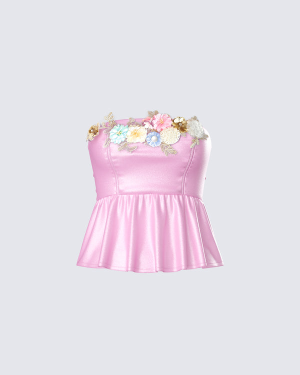 finesse Nora Pink Floral Strapless Peplum Top