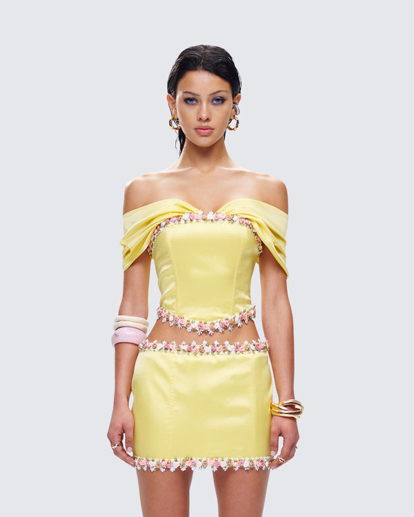 Finesse Nori Yellow Floral Off Shoulder Top