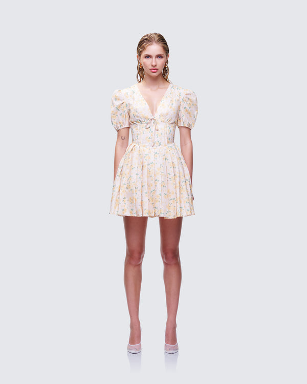 Finesse Nyla Yellow Floral Pleated Mini Dress