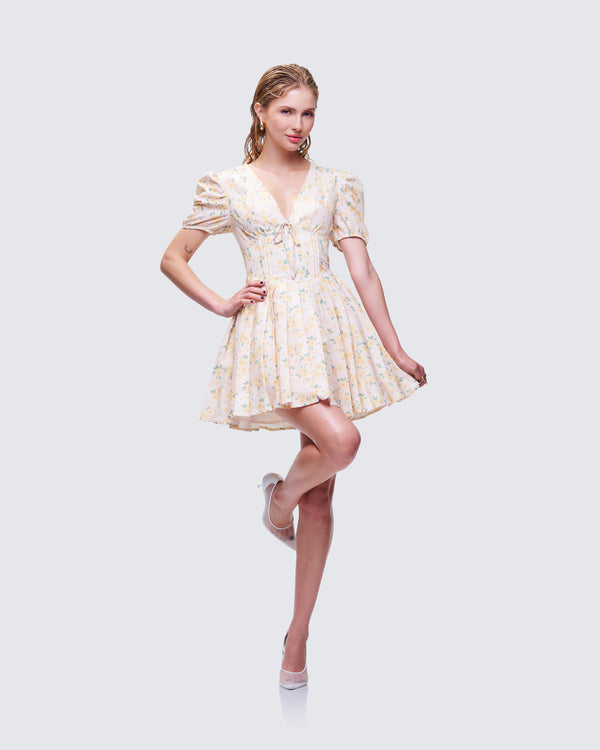 Finesse Nyla Yellow Floral Pleated Mini Dress