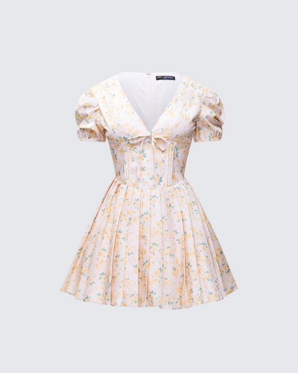 finesse Nyla Yellow Floral Pleated Mini Dress