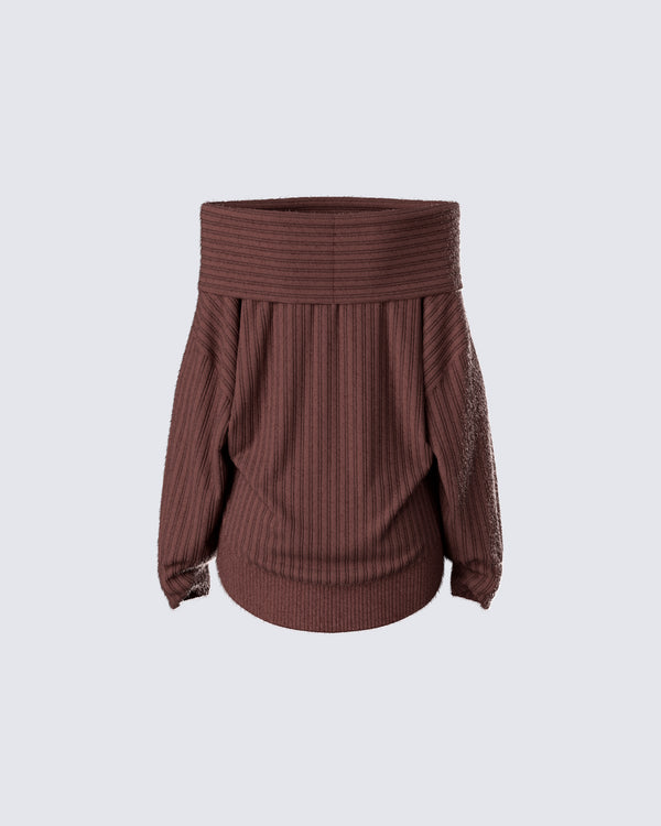Finesse Nyx Brown Off Shoulder Sweater Top
