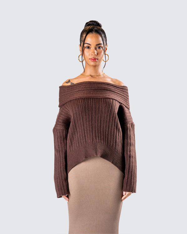 Finesse Nyx Brown Off Shoulder Sweater Top