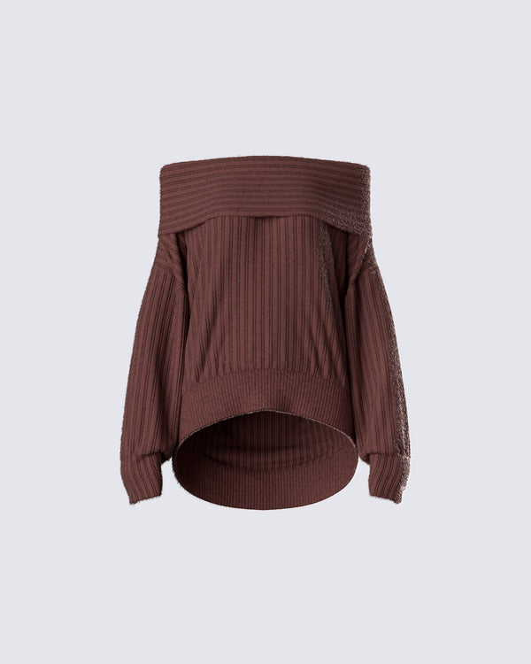 finesse Nyx Brown Off Shoulder Sweater Top