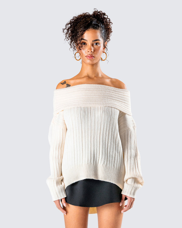 Finesse Nyx Ivory Off Shoulder Sweater Top