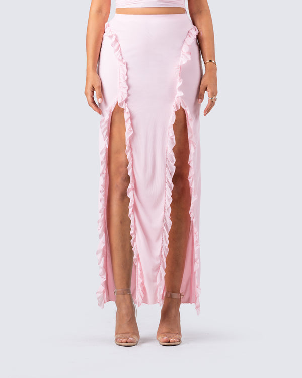 Finesse Omid Pink Ruffled Mesh Maxi Skirt