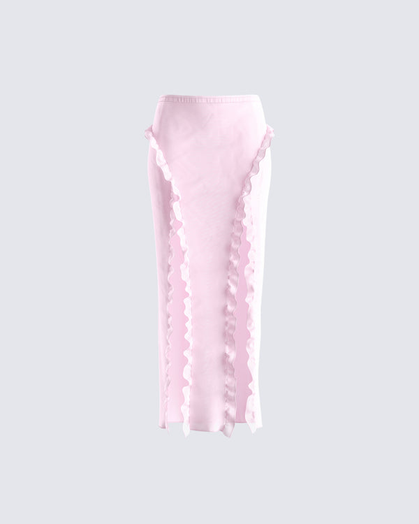 finesse Omid Pink Ruffled Mesh Maxi Skirt