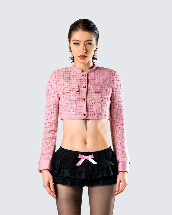 Finesse Pippa Pink Tweed Cropped Jacket