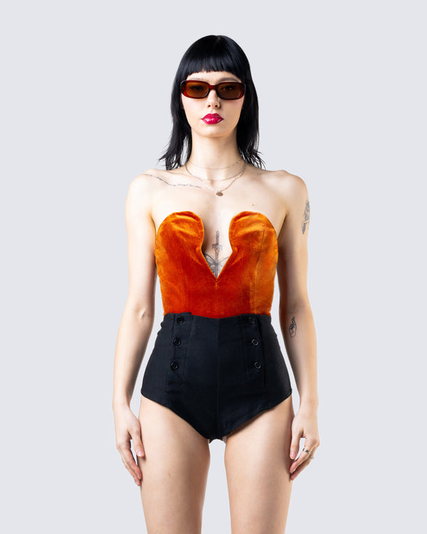 Finesse Rae Orange Velvet Strapless Top