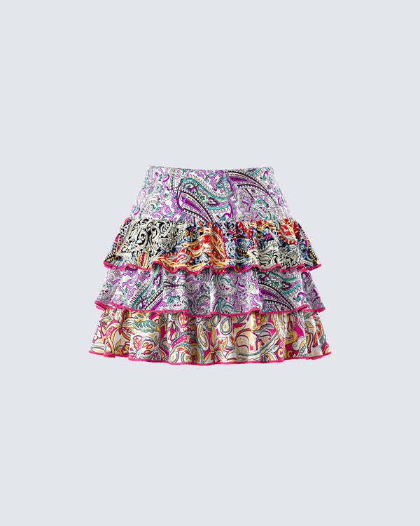 Finesse Raisa Paisley Tiered Micro Mini Skirt