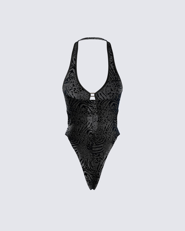 Finesse Raquel Black Animal Print Bodysuit