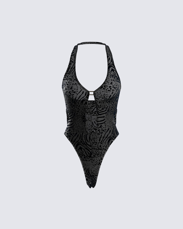finesse Raquel Black Animal Print Bodysuit