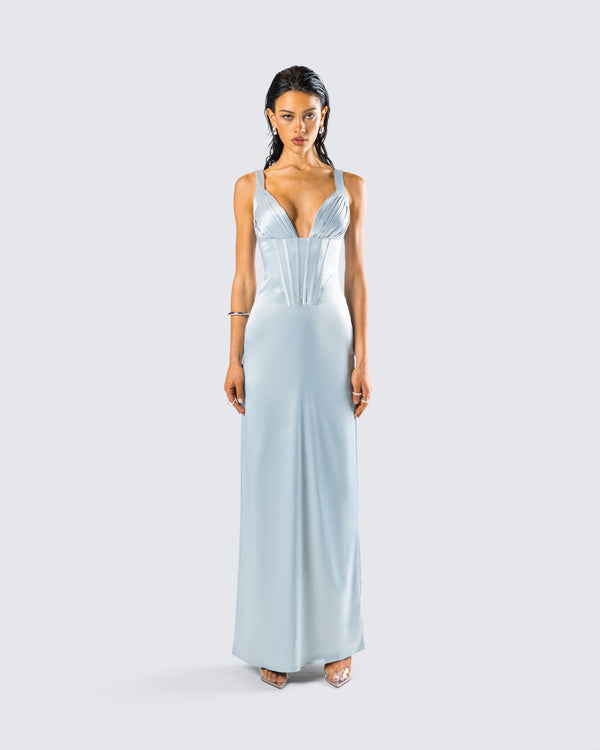 Finesse Rasha Teal Satin Corset Maxi Dress