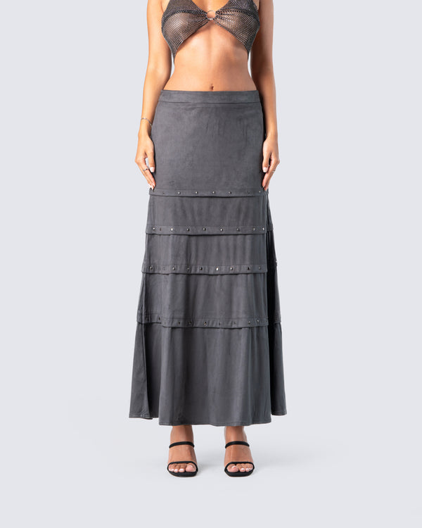 Finesse Ravi Grey Vegan Suede Maxi Skirt